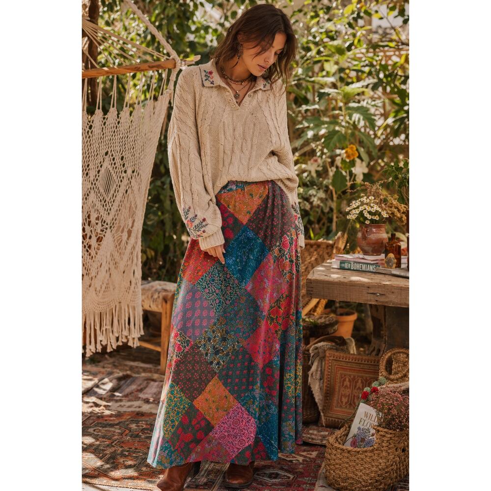 New Natural Life Patchwork Velvet Maxi Skirt Boho Cottagecore Medium